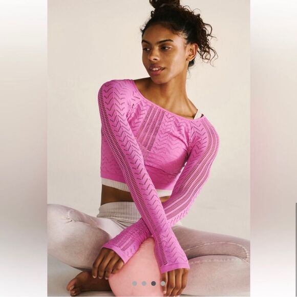 Free People Perforation Nation Long Sleeve Top in Pink Size XL NWOT - Picture 3 of 11